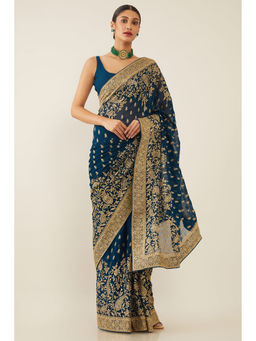 Soch - Teal Poly Georgette Paisley Embroidered Saree with Unstitched