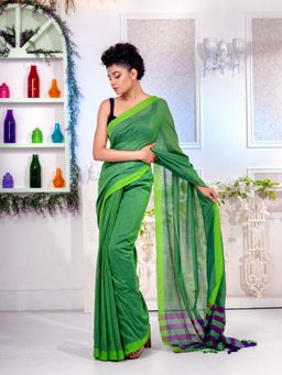 CHARUKRITI - Green Pure Cotton Handwoven Soft Saree with Strip Pallu with Unstitched Blouse