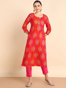 Maaesa - Women Printed Rayon Orange Straight Kurta