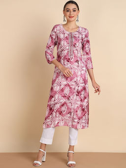 Maaesa - Women Embroidered Printed Rayon Mauve Straight Kurta