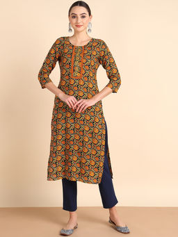 Maaesa - Women Printed Rayon Black Straight Kurta