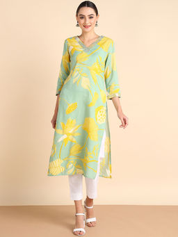 Maaesa - Women Embellished Printed Rayon Green Straight Kurta