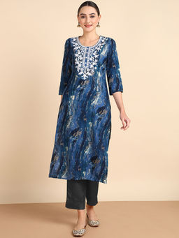 Maaesa - Women Embroidered Printed Rayon Blue Straight Kurta