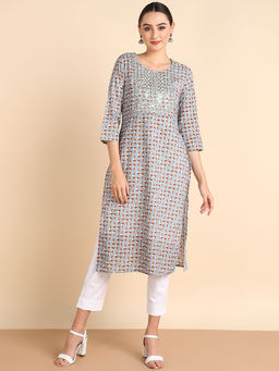 Maaesa - Women Embroidered Printed Rayon Grey Straight Kurta