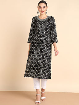 Maaesa - Women Embroidered Printed Rayon Black Straight Kurta