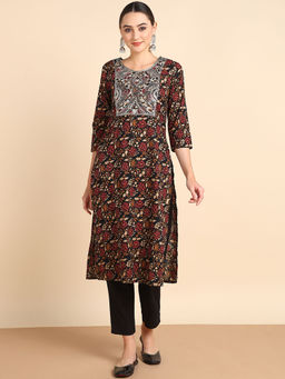 Maaesa - Women Embroidered Printed Rayon Black Straight Kurta