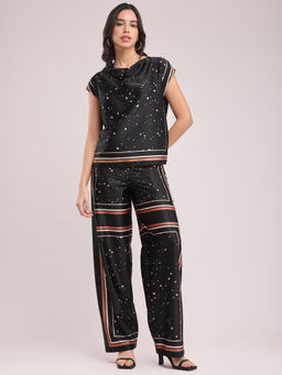 FableStreet - Scarf Polka Dots Print Top and Trousers Co-Ord - Black (Set of 2)