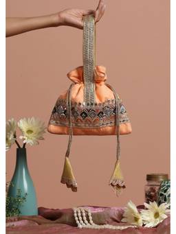 SWABHIMANN - Peach Kavya Brocade Potli Bag
