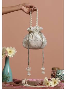 SWABHIMANN - White Kamya Georgette with Silver Sequin Potli Bag