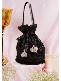 SWABHIMANN - Black Vyomika Georgette Embroidered Potli Bag