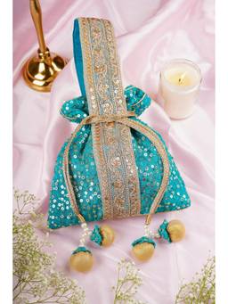 SWABHIMANN - Teal Tasha Organza with Sequin Potli Bag