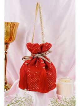 SWABHIMANN - Red Amin Georgette with Sequin Potli Bag