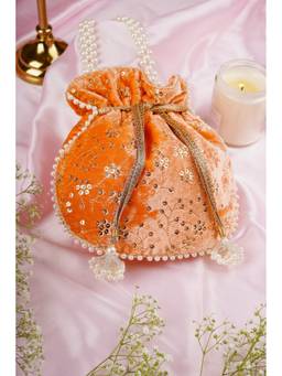 SWABHIMANN - Peach Sayal Velvet with Embroidery Potli Bag