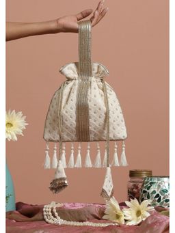 SWABHIMANN - White Zulfi Georgette with Gold Sequin Potli Bag