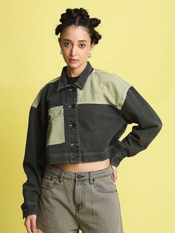 Bene Kleed - Women Colourblocked Crop Pure Cotton Denim Jacket