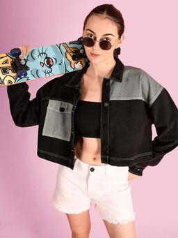 Bene Kleed - Women Colourblocked Crop Pure Cotton Denim Jacket