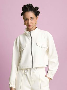 Bene Kleed - Women Off White Relaxed Fit Crop Toggle Hem Jacket