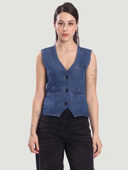Bene Kleed - Women Denim V-Neck Light Blue Sleeveless Waistcoat
