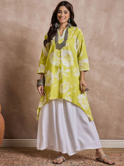 InWeave - Yellow Floral Asymmetrical Fit Kurta