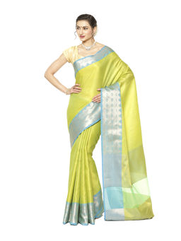Banarasi Silk Works - Green Resham Zari Pattu Border Art Saree with Unstitched Blouse