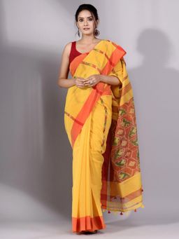 CHARUKRITI - Yellow Tissue Handwoven Saree with Red Border Without Blouse