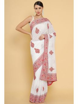 Soch - White Woven and Embroidered Designs Georgette Saree with Unstitched Blouse