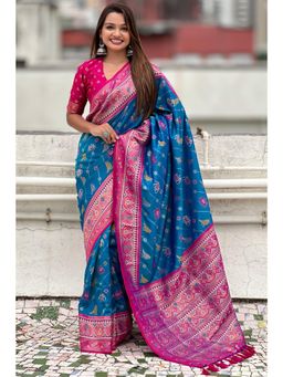 SGF11 - Blue Kanjivaram Patola Pure Soft Silk Saree with Unstitched Blouse
