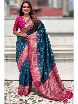 SGF11 - Rama Blue Kanjivaram Patola Pure Soft Silk Saree with Unstitched Blouse