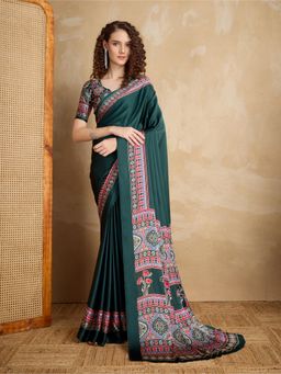 Stylum - Women Green Ajrakh Printed Silk Blend Saree with Unstitched Blouse