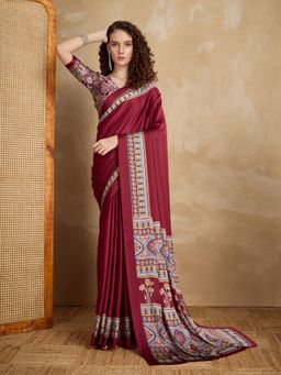 Stylum - Women Maroon Ajrakh Printed Silk Blend Saree with Unstitched Blouse