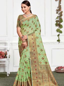 Odette - Womens Green Cotton Woven Design Saree with Unstitched Blouse