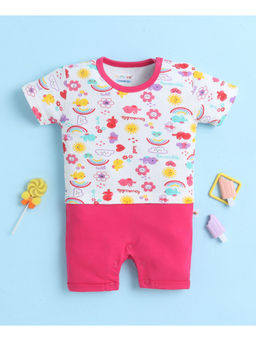 Bumzee - White and Pink Girls Half Sleeves Thigh Length Romper