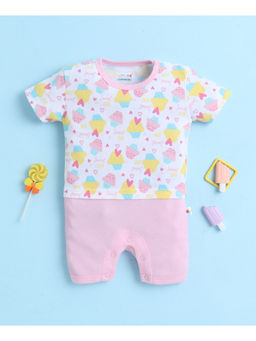 Bumzee - White and Baby Pink Girls Half Sleeves Thigh Length Romper