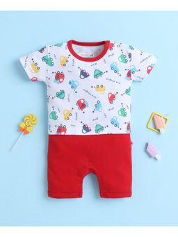 Bumzee - White and Red Boys Half Sleeves Thigh Length Romper
