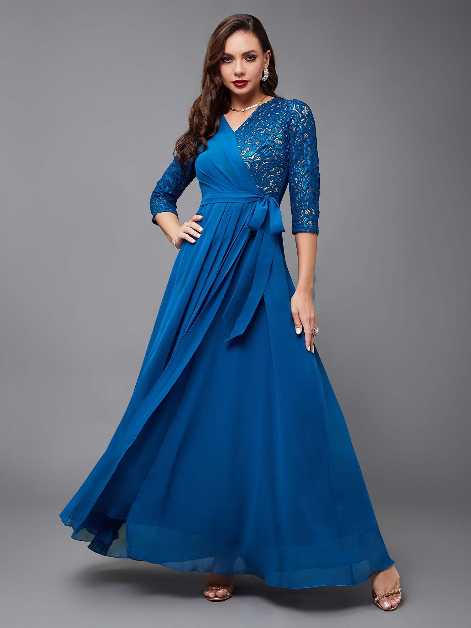 miss chase Womens Royal Blue Wrap-Styled Georgette Dress-picture-17