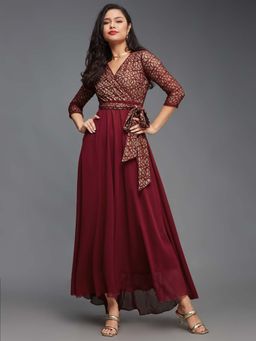 Miss Chase - Womens Maroon Floral Printed Georgette Dress