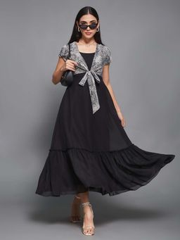 Miss Chase - Womens Black Tapered Animal Tie-Up Dress