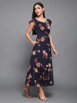 Miss Chase - Womens Navy Blue Floral Ruching Dress