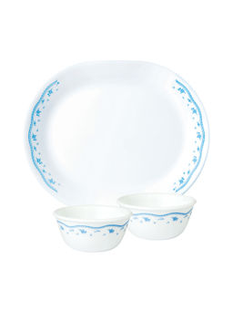 Corelle - Livingware Morning Blue Oval Serving Platter (1Pc) & 177ml Katori (2Pcs) Pack of 3