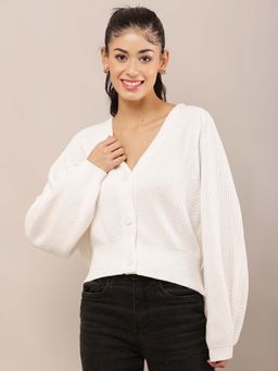 NOBARR - Women's White slightly ballooned with V-Neck Knit Button-Down Cardigan