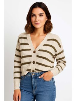 NOBARR - Women's Striped Knit Button-Front Brown Cardigan