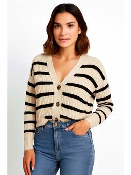 NOBARR - Women's Striped Knit Button-Front Beige Cardigan