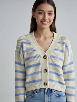 NOBARR - Women's Striped Knit Button-Front Sky Blue Cardigan