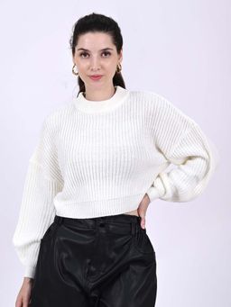 NOBARR - Women's Cotton Full Sleeve with Crew Neck Knitted White Sweater