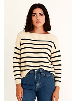 NOBARR - Women's Cream Striped Down-Shoulder Sweater