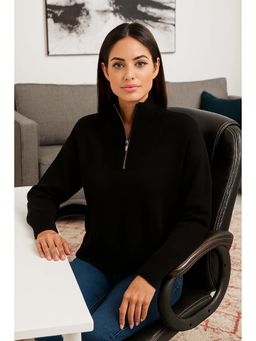 NOBARR - Women's Acrylic Full Sleeve Black Solid Zip-Front Sweater