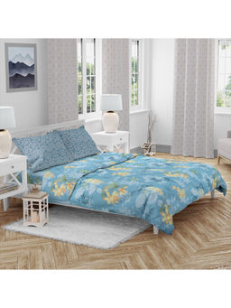 HomeTown - Emilia 100 Percent Cotton Double Queen Size 4 Piece Bedding Set in Blue Colour
