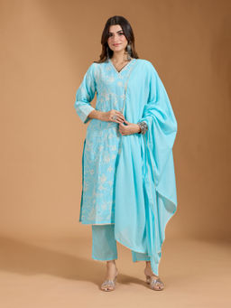 Gahan - Cotton Floral Embroidered with Lace Detailed Blue Kurta Pant & Dupatta (Set of 3)