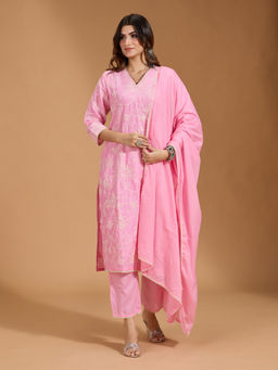 Gahan - Cotton Floral Embroidered with Lace Detailed Pink Kurta Pant & Dupatta (Set of 3)
