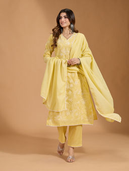 Gahan - Cotton Floral Embroidered with Lace Detailed Yellow Kurta Pant & Dupatta (Set of 3)